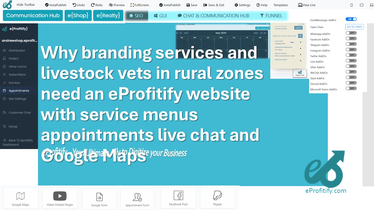 Why branding services and livestock vets in rural zones need an eProfitify website with service menus appointments live chat and Google Maps
